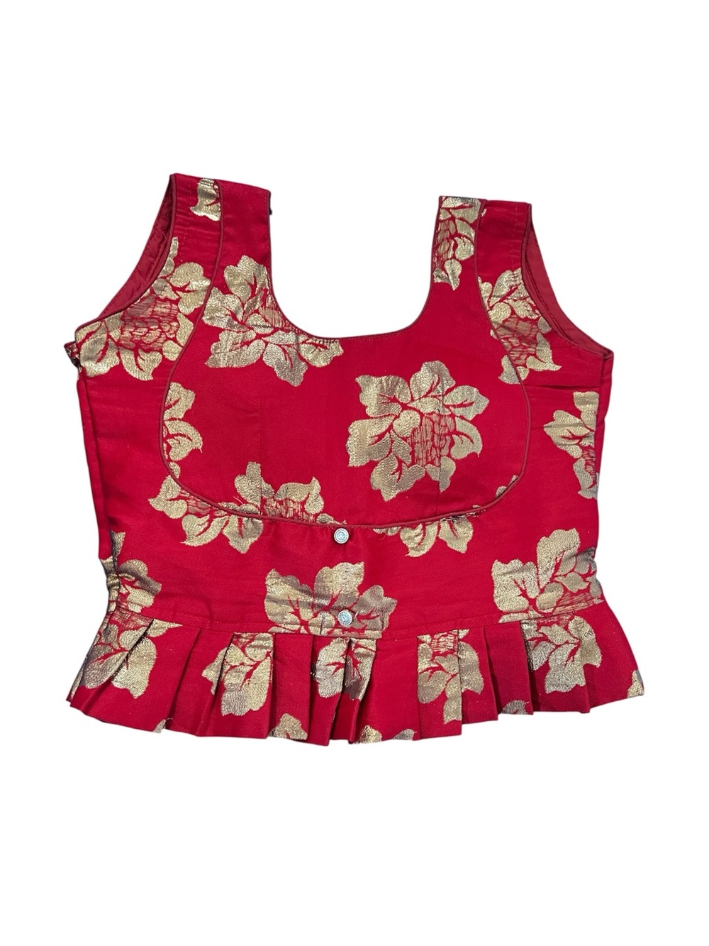 Red Floral Brocade Peplum Blouse with Gold Accents